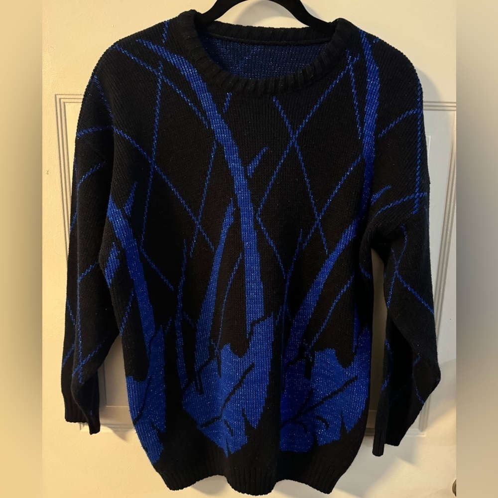 VTG 80’s Metallic Leaf Geometric Crewneck Sweater Black & Blue Knit Grannycore